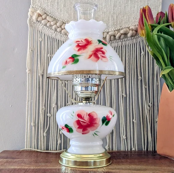 Vintage Hand-Painted Milk Glass Hurricane Lamp - Floral Rose Detail